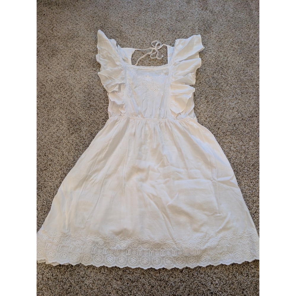 White Eyelet Ruffle Flutter Sleeve Cotton Blend Mini Dress Square Neck L